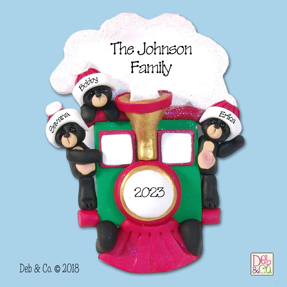 BLACK BEARS in Train Personalized Family Ornament of 3, Grandparents Gift, Handmade Polymer Clay Personalized Christmas Ornaments