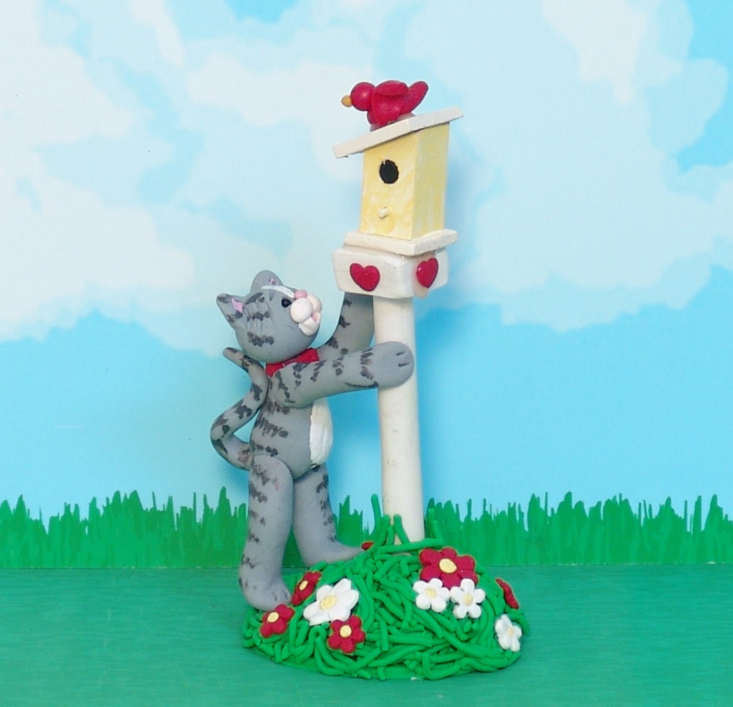 Gray KITTY CAT with Bird and Birdhouse HANDMADE Polymer Clay Personalized Ornament / Figurine