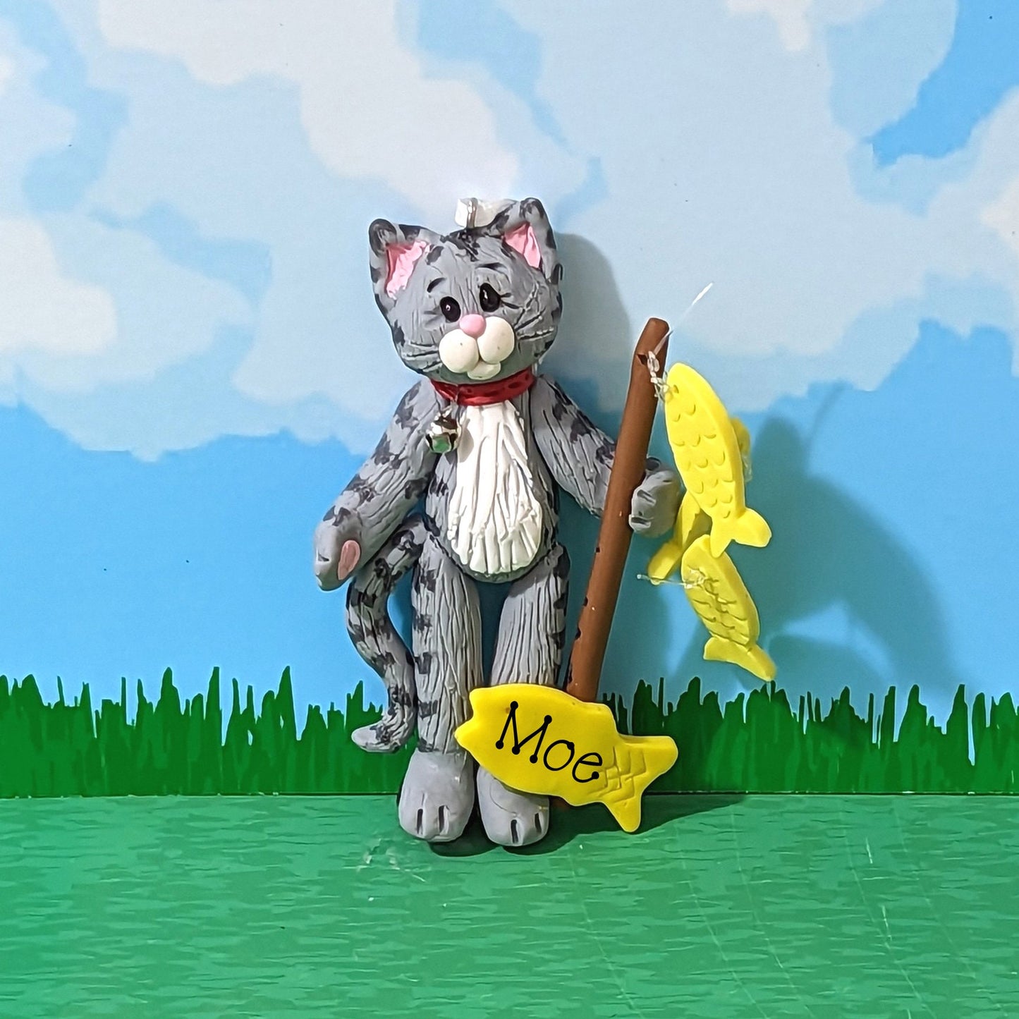 Gray Tabby KITTY CAT Fishing Ornament HANDMADE Polymer Clay Personalized Christmas Ornament