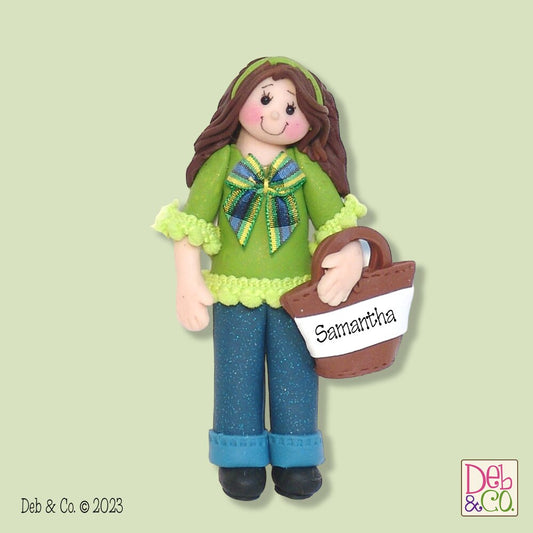 Girl in lime top with Handbag, Personalized Christmas Ornament, HANDMADE Polymer Clay Ornament