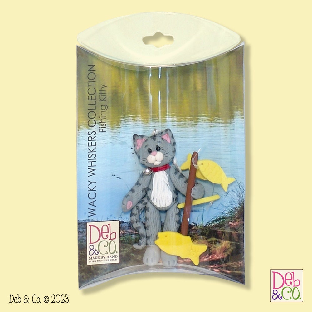 Gray Tabby KITTY CAT Fishing Ornament HANDMADE Polymer Clay Personalized Christmas Ornament