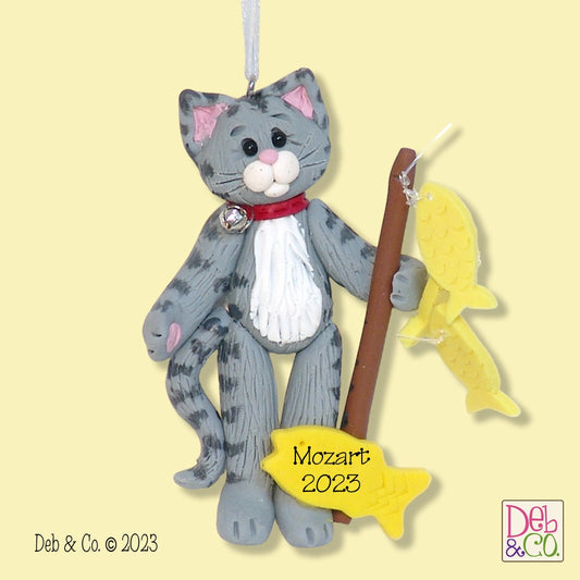 Gray Tabby KITTY CAT Fishing Ornament HANDMADE Polymer Clay Personalized Christmas Ornament