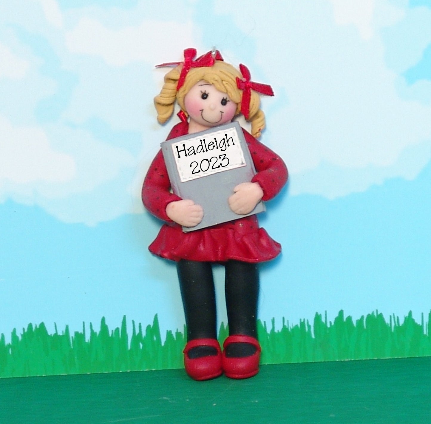 Giggle Gang Girl with Book Handmade Polymer Clay Personalized Christmas Ornament