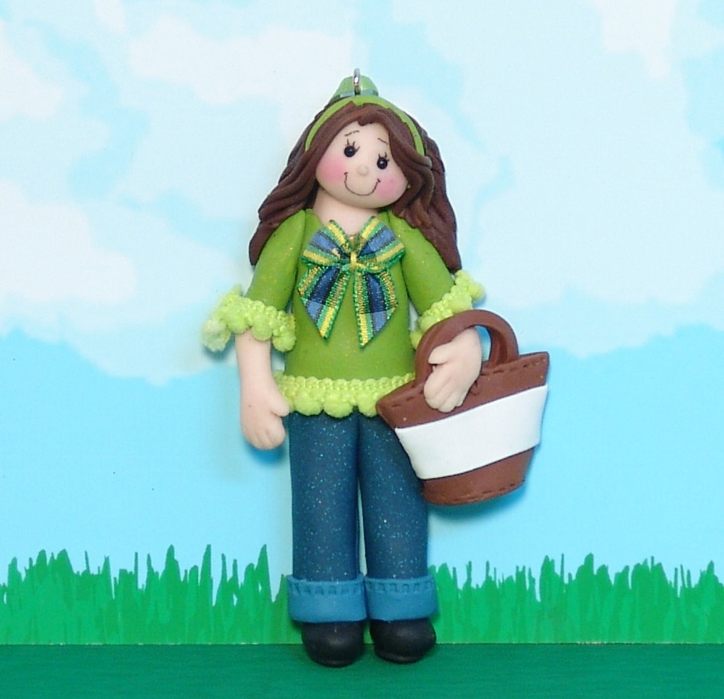 Girl in lime top with Handbag, Personalized Christmas Ornament, HANDMADE Polymer Clay Ornament