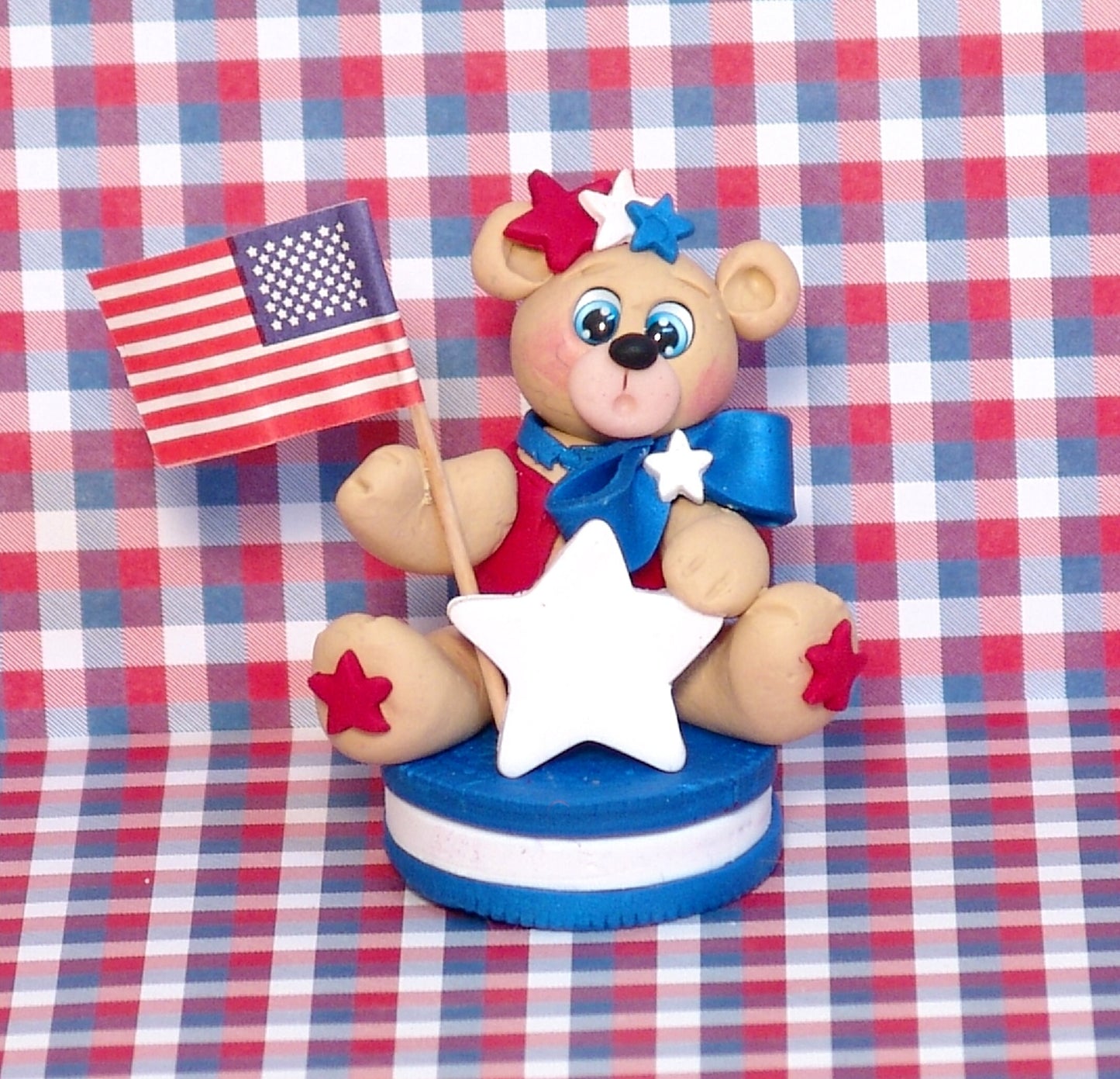 Personalized Patriotic Bear on Cookie Handcrafted Polymer Clay Personalized Patriotic Figurine / Ornament - - Custom Ornaments - Handmade