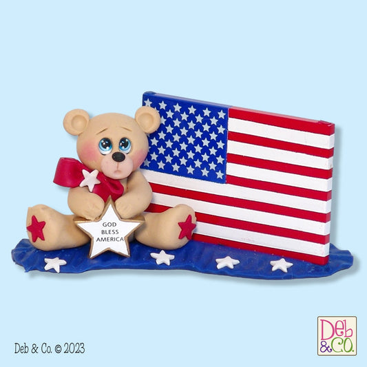 Patriotic Bear with American Flag Handcrafted Polymer Clay Patriotic Figurine - Tier Tray Holiday Decor