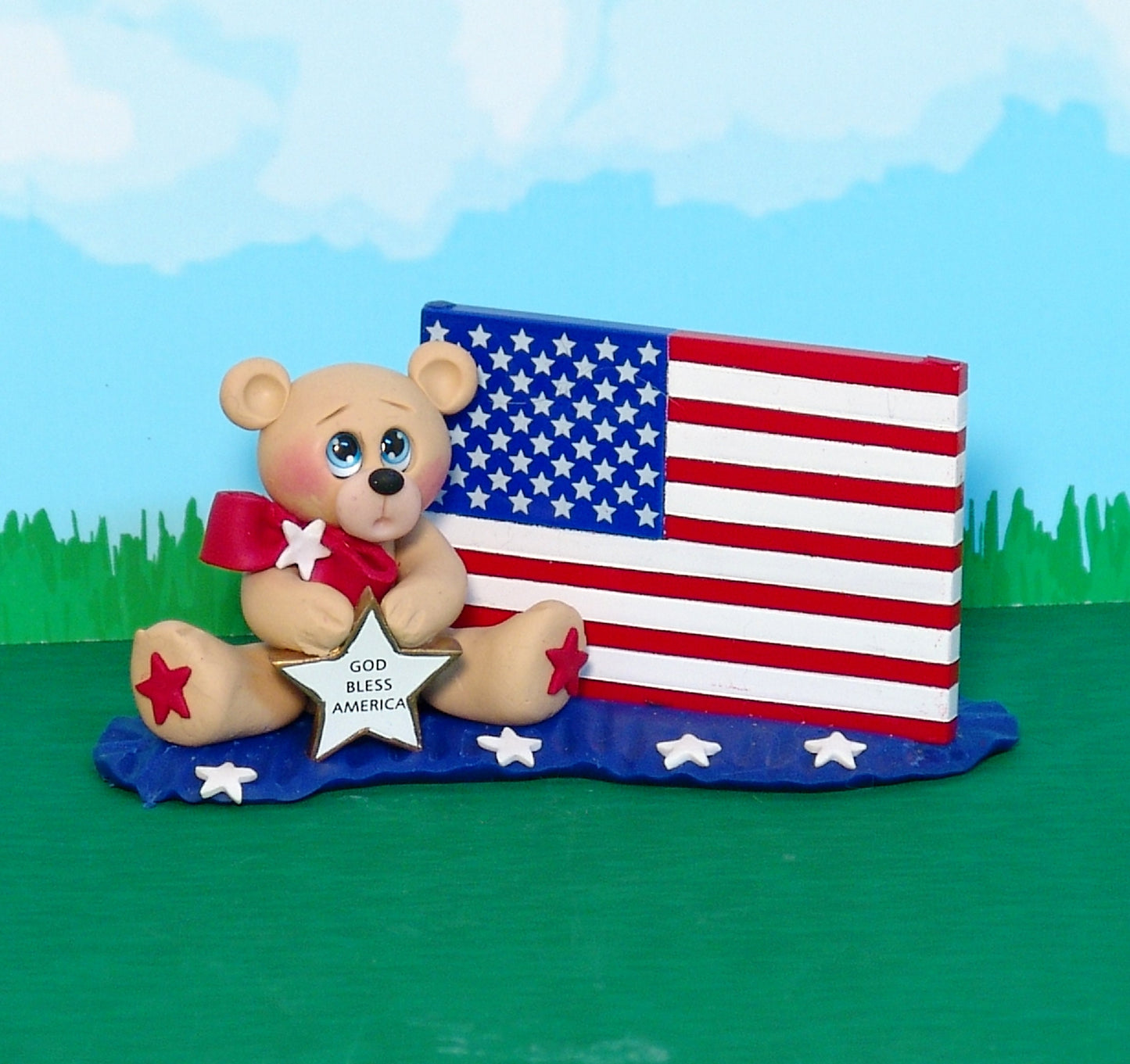 Patriotic Bear with American Flag Handcrafted Polymer Clay Patriotic Figurine - Tier Tray Holiday Decor