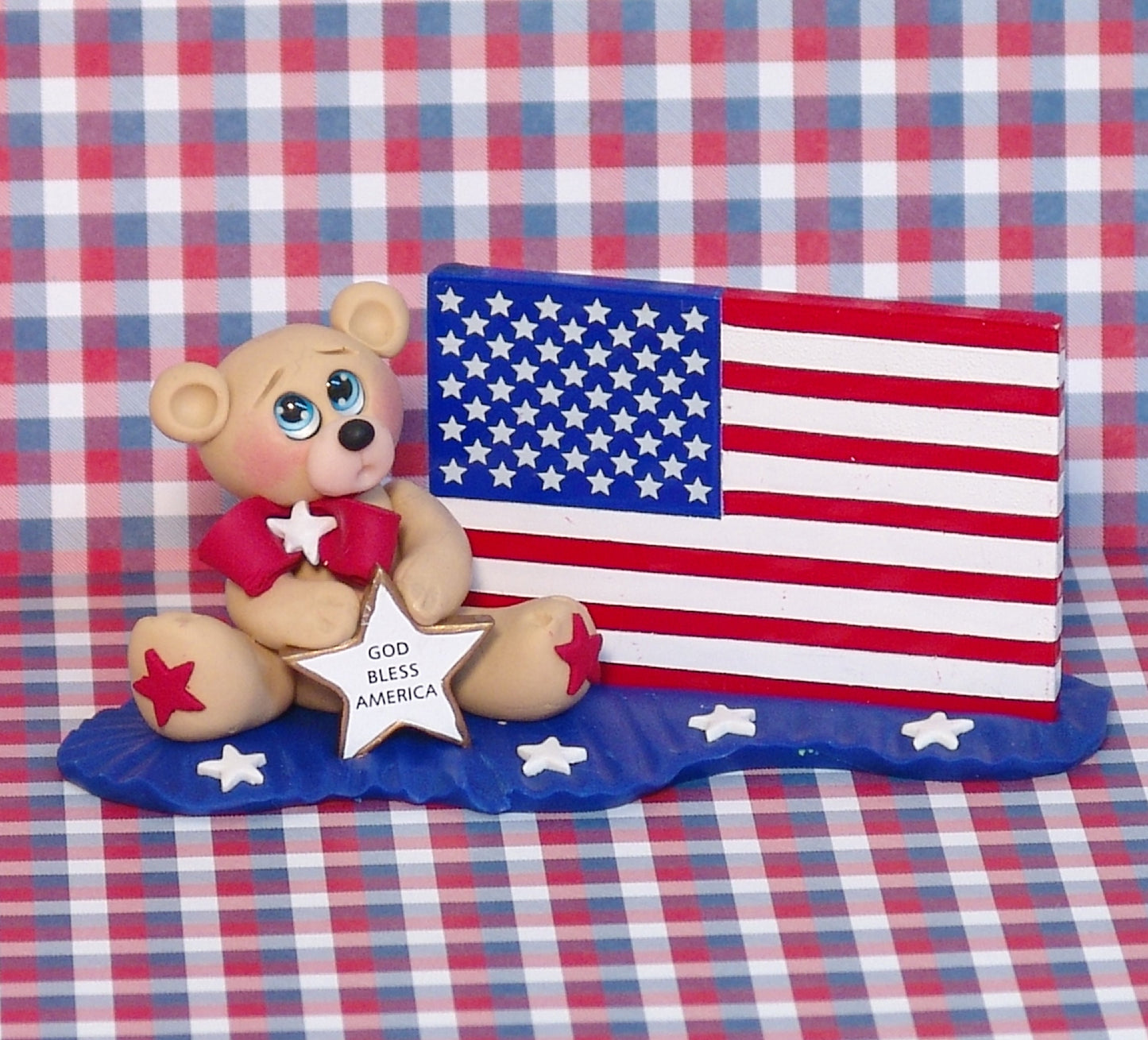 Patriotic Bear with American Flag Handcrafted Polymer Clay Patriotic Figurine - Tier Tray Holiday Decor
