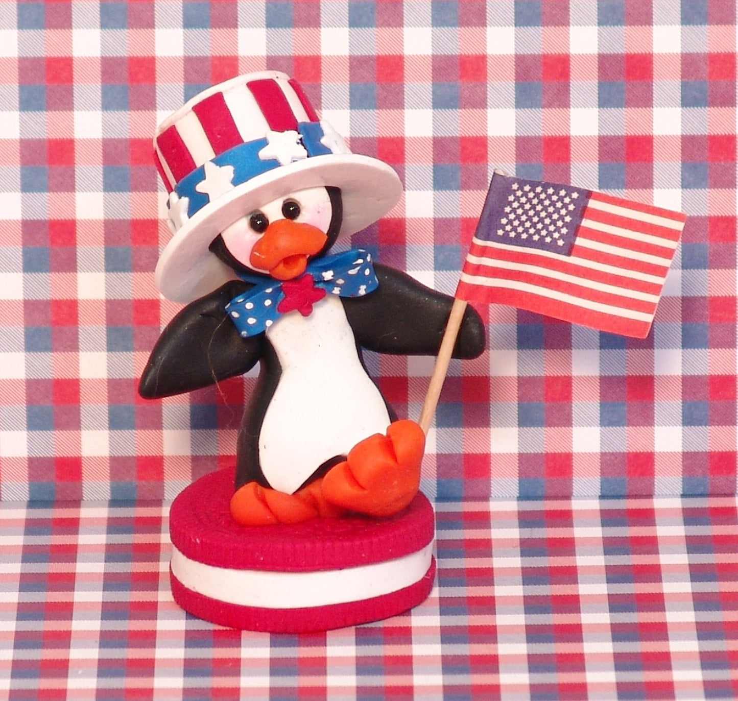 Patriotic Petey Penguin on RED Cookie HANDMADE POLYMER Clay Figurine- Limited Edition