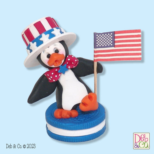 Patriotic Petey Penguin on Cookie HANDMADE POLYMER Clay Figurine- Limited Edition