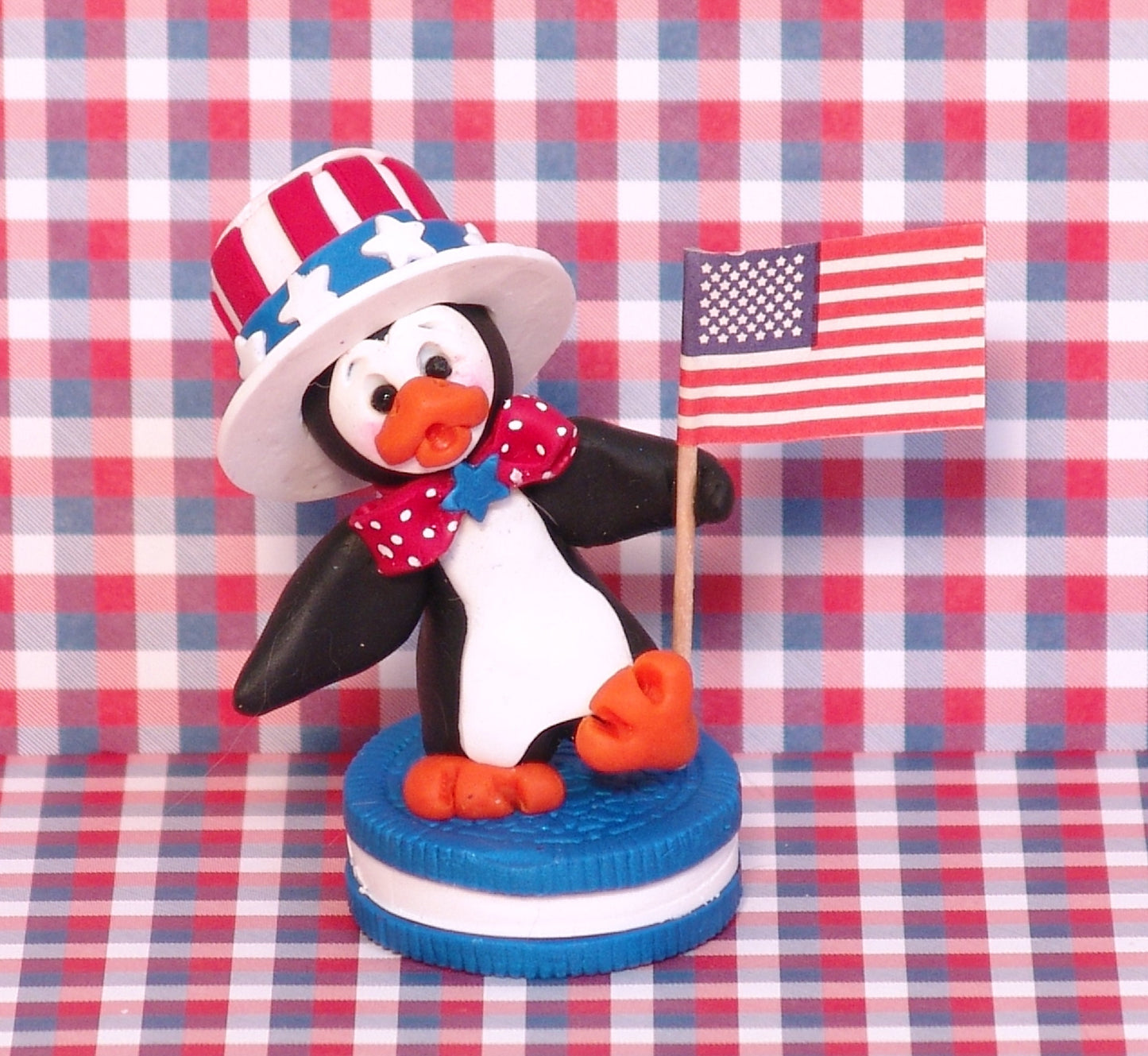 Patriotic Petey Penguin on Cookie HANDMADE POLYMER Clay Figurine- Limited Edition