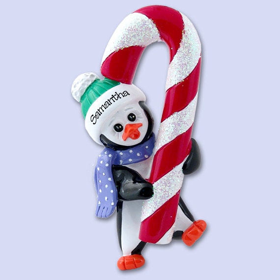 PETEY PENGUIN w/Candy Cane Personalized Penguin Ornament, Personalized Penguin Ornaments, RESIN Ornaments