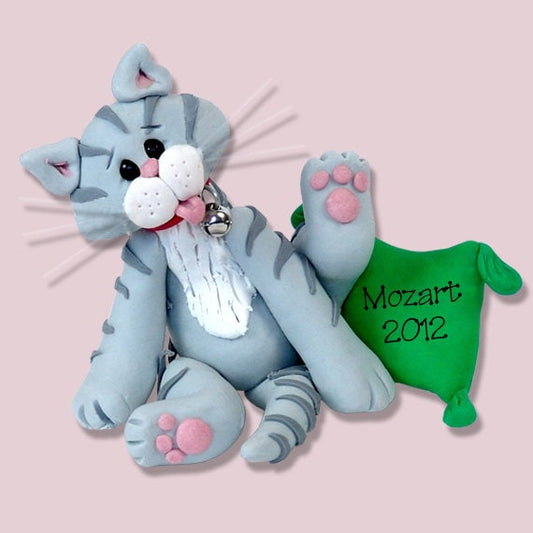 Grey Tabby  KITTY CAT HANDMADE Polymer Clay Personalized Christmas Ornament