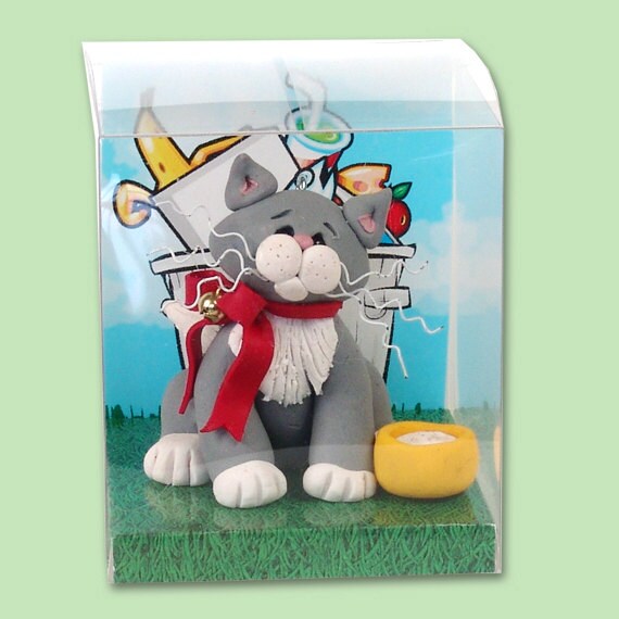 Gray & White Personalized CAT Ornament - HANDMADE Polymer Clay Personalized Kitty Christmas Ornament