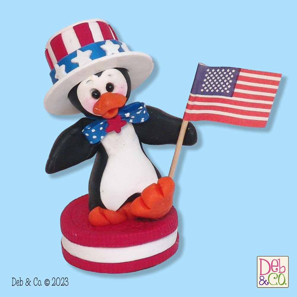 Patriotic Petey Penguin on RED Cookie HANDMADE POLYMER Clay Figurine- Limited Edition