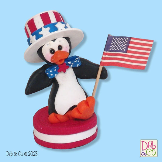 Patriotic Petey Penguin on RED Cookie HANDMADE POLYMER Clay Figurine- Limited Edition