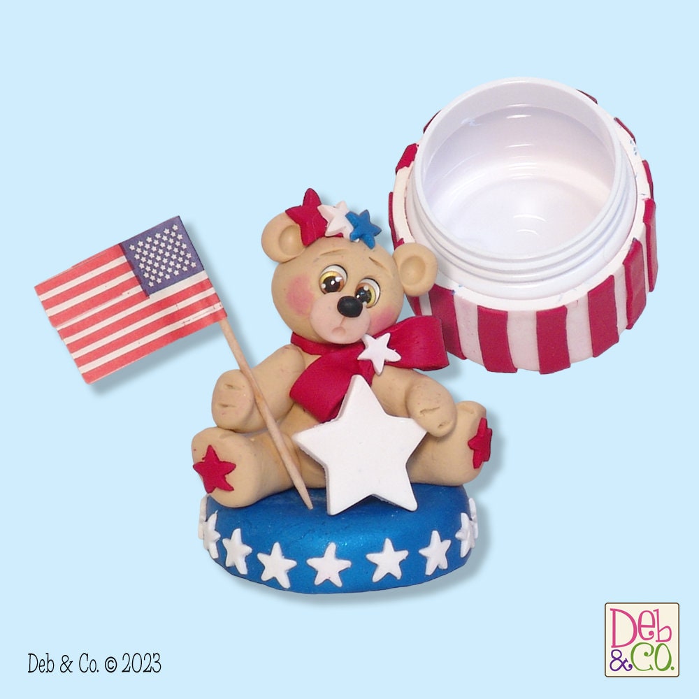 Personalized Patriotic Bear Handmade Polymer Clay Container - Treat Jar