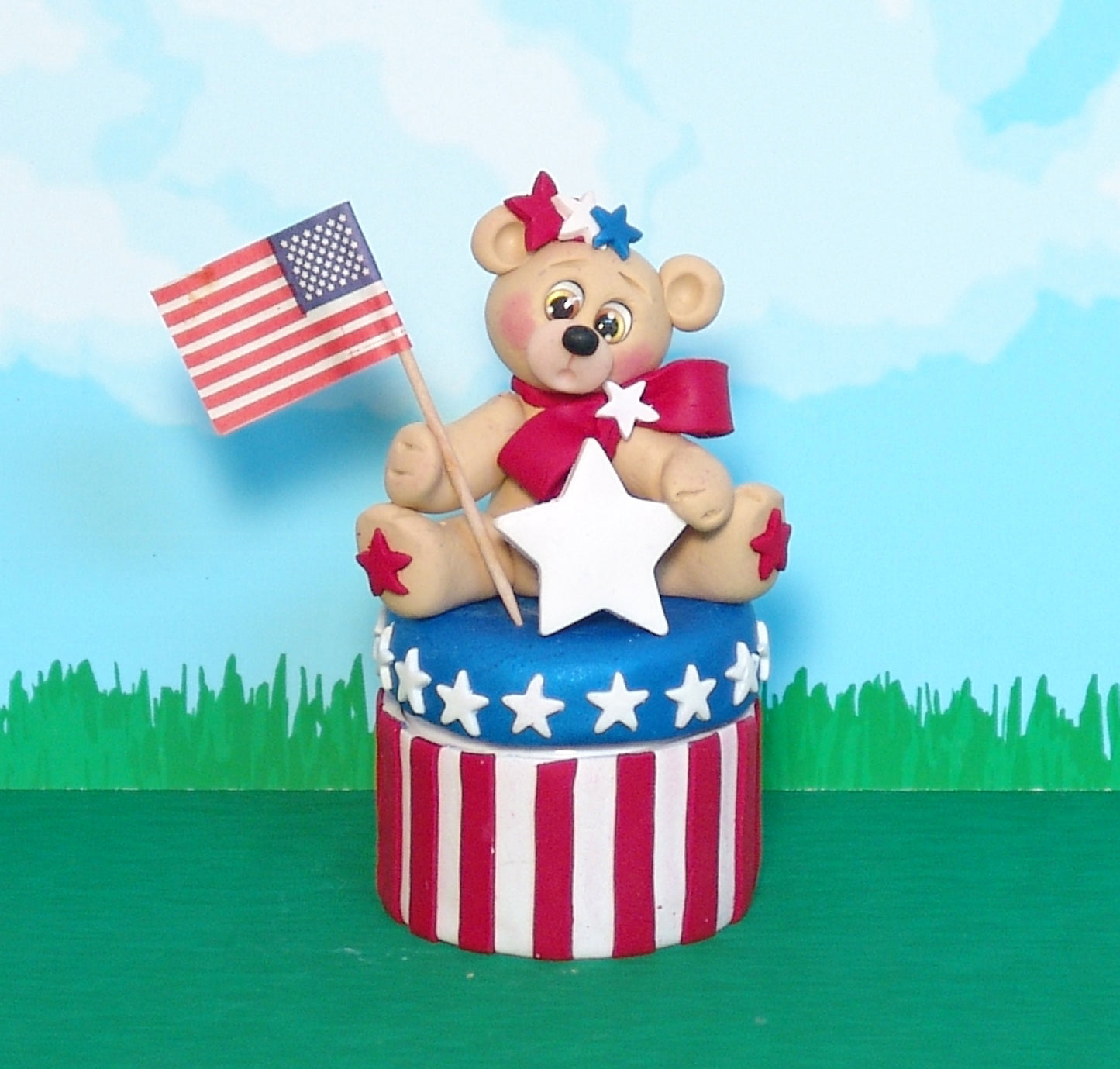 Personalized Patriotic Bear Handmade Polymer Clay Container - Treat Jar