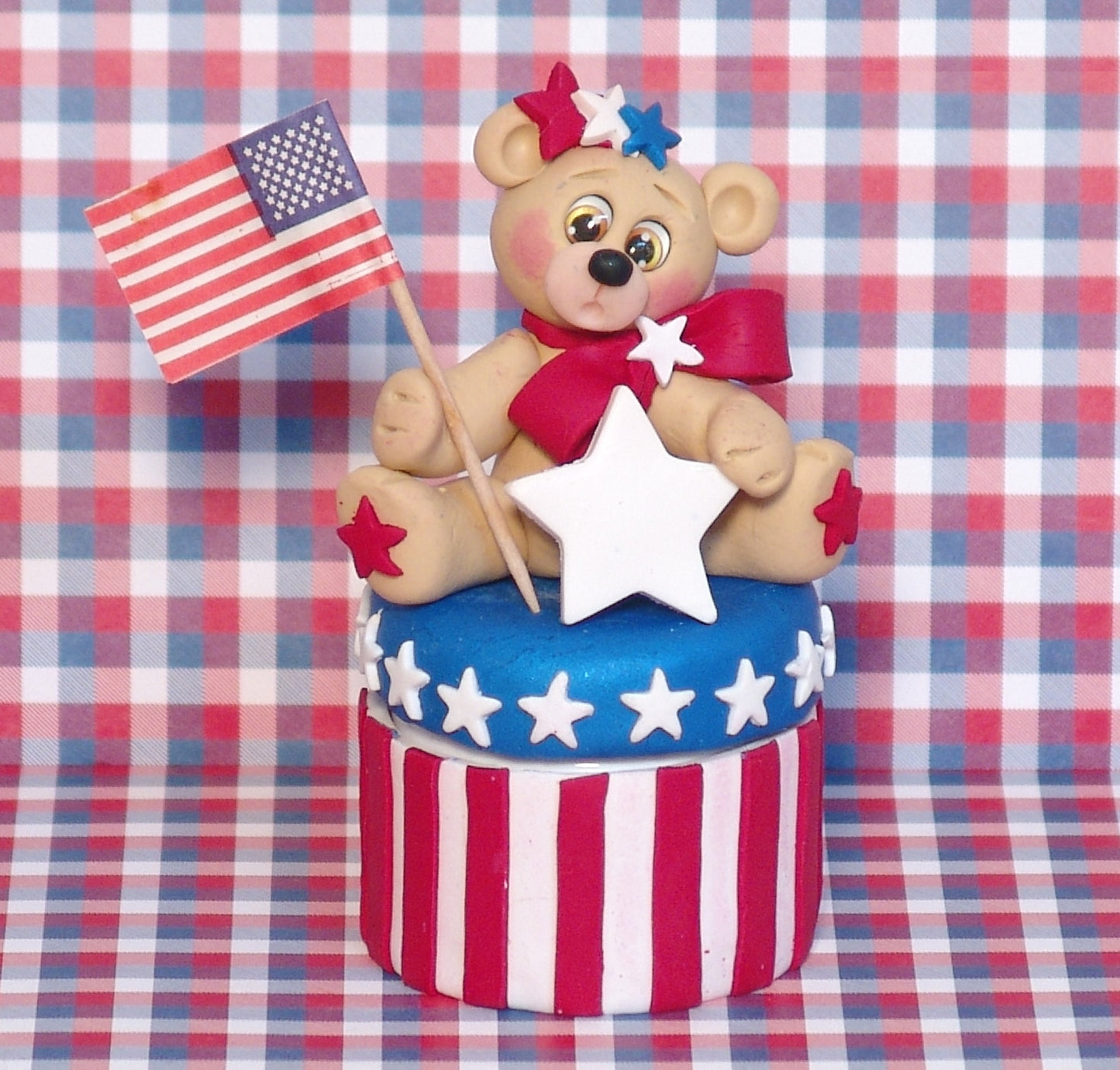 Personalized Patriotic Bear Handmade Polymer Clay Container - Treat Jar