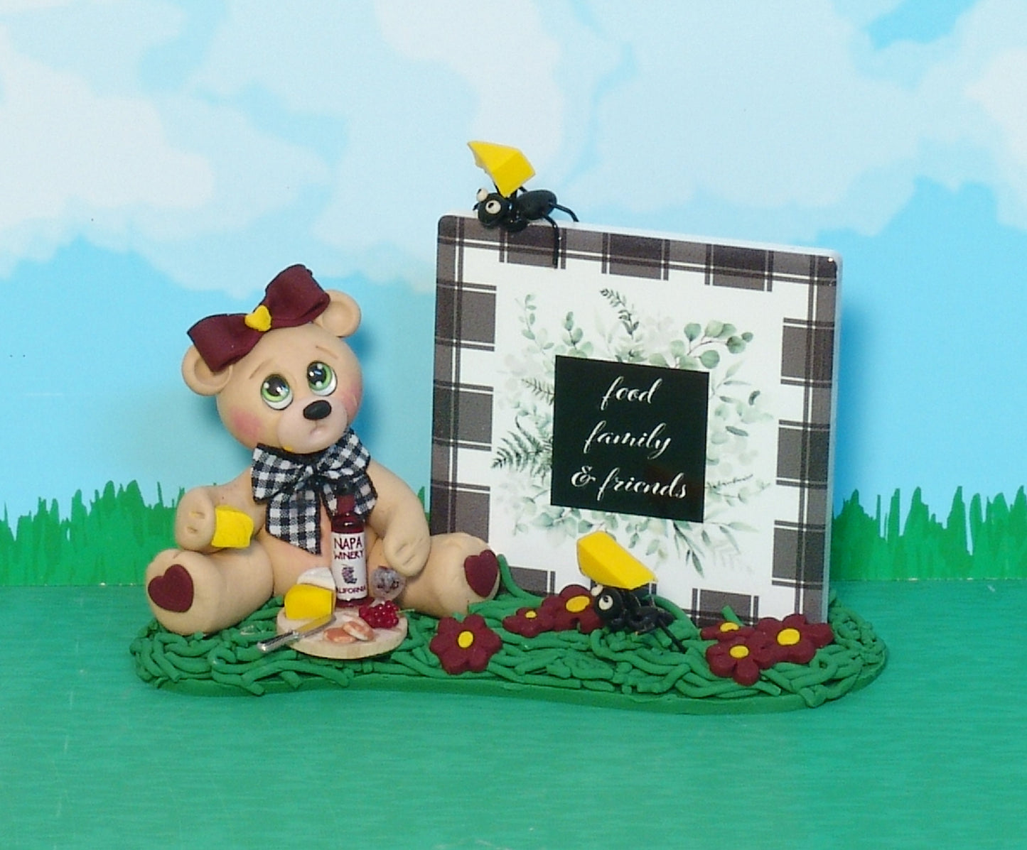 Peggy's Picnic Collectible Bear with Wine & Cheese Handmade Polymer Clay Figurine - Tier Tray Holiday Decor