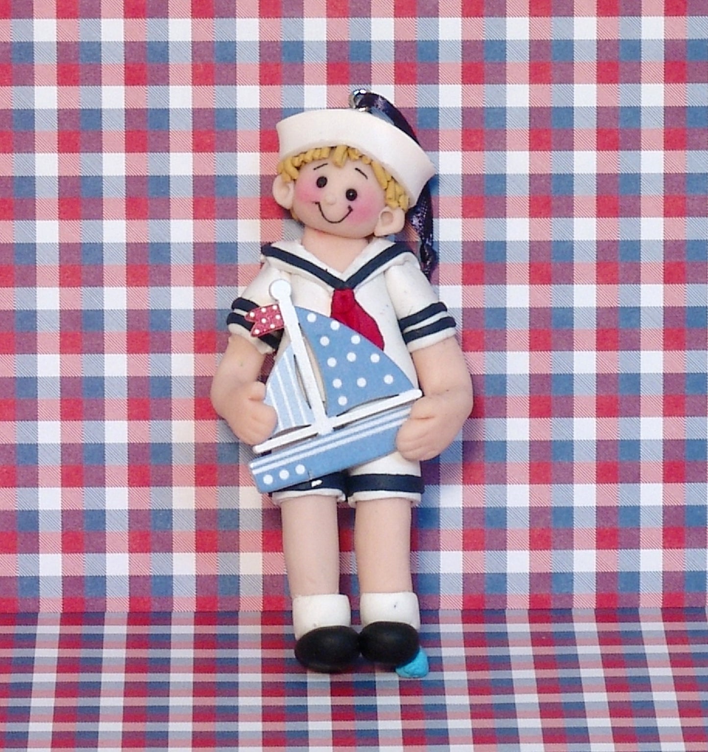 Giggle Gang Boywith Sailboat Handmade Polymer Clay Personalized Christmas Ornament