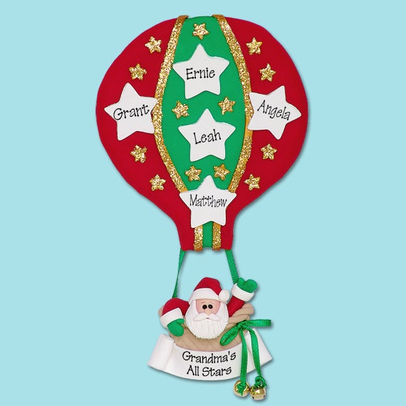 Santa HOT AIR BALLOON Family of 5 Handmade Polymer Clay Personalized Christmas Family Ornament