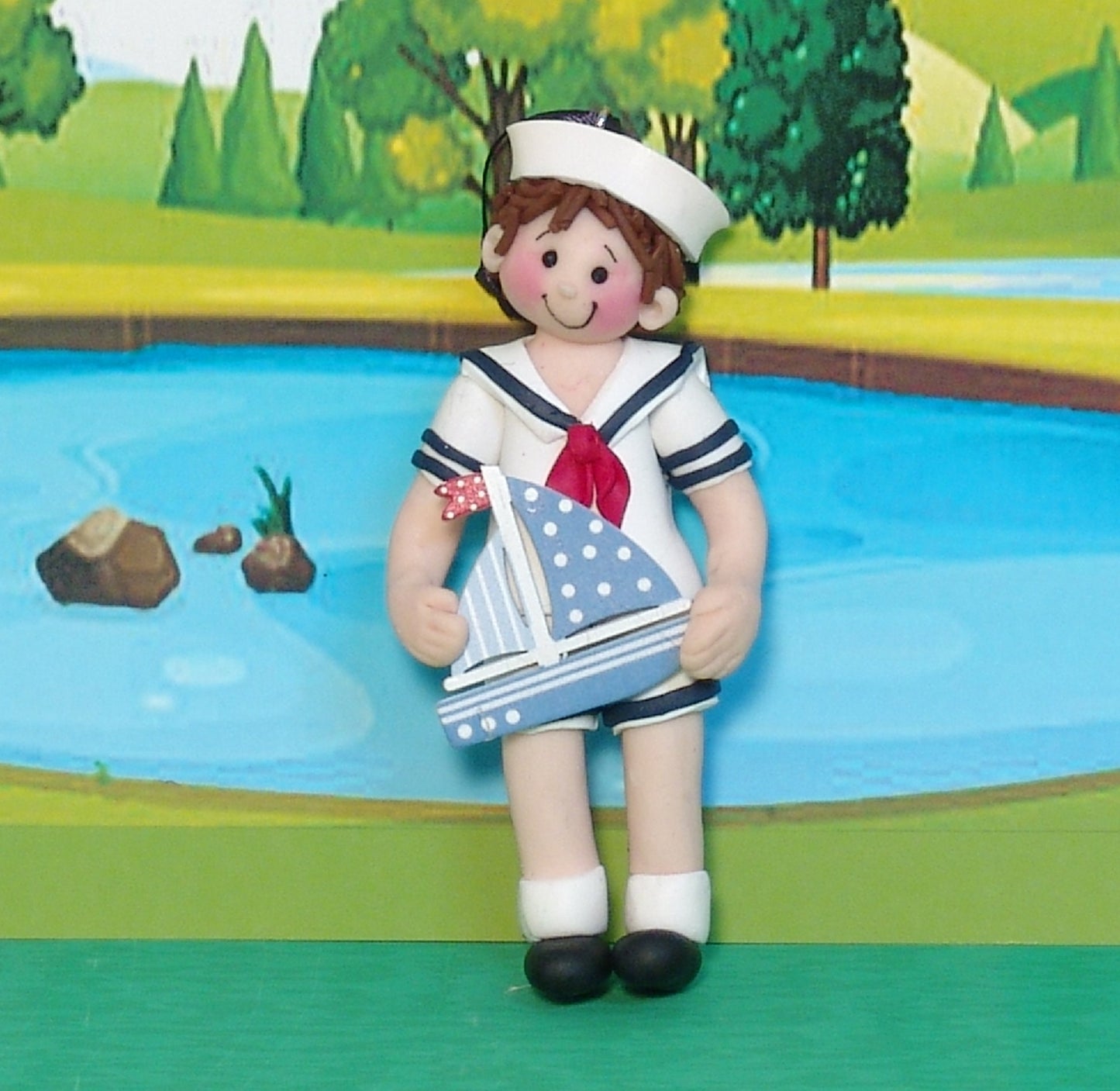 Giggle Gang Boywith Sailboat Handmade Polymer Clay Personalized Christmas Ornament