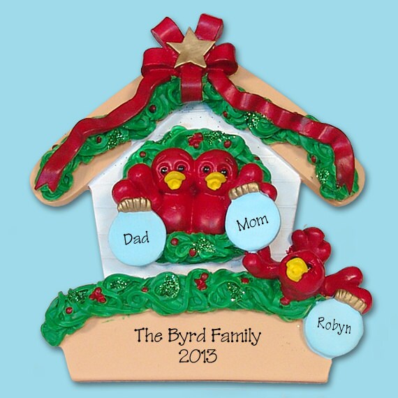 Robin Family of 4 in Birdhouse HAND PAINTED RESIN Personalized Christmas Ornament