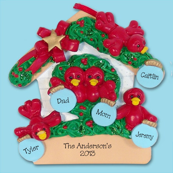 Robin Family of 5 in Birdhouse HAND PAINTED RESIN Personalized Christmas Ornament