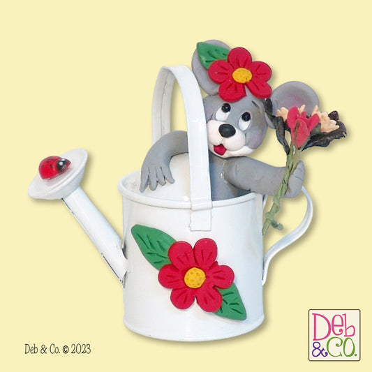 Marty Mouse in Watering Can Handmade POLYMER Clay Figurine  Tiered Tray Deco