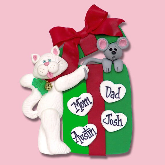 Personalized Christmas Family Ornaments - Cat & Gift Box Family Ornament of 4 - HANDMADE Polymer Clay Ornaments -Personalized  Cat Ornament