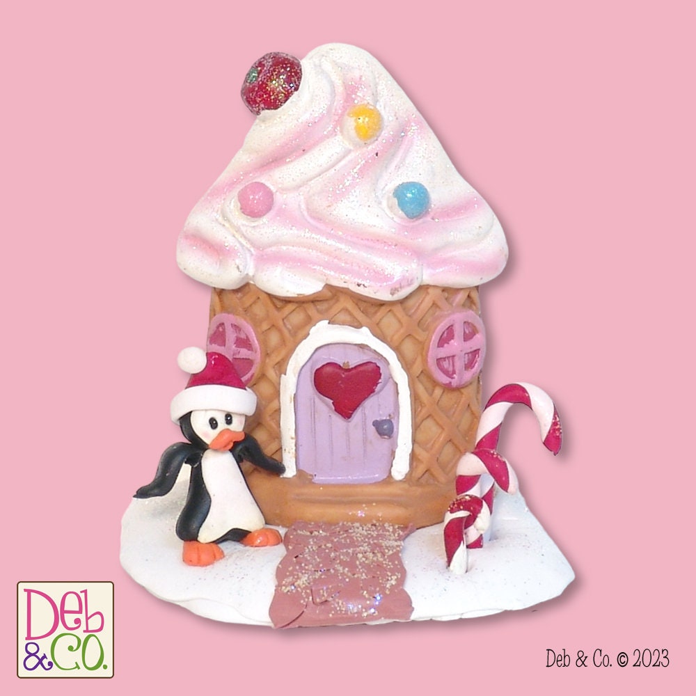 Peppermint Candy House with Penguin and Candy Canes Handmade Christmas Figurine