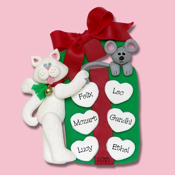 Personalized Family Ornaments - Personalized Cat & Gift Box Family of 6 HANDMADE Polymer Clay Personalized Christmas Family Ornament