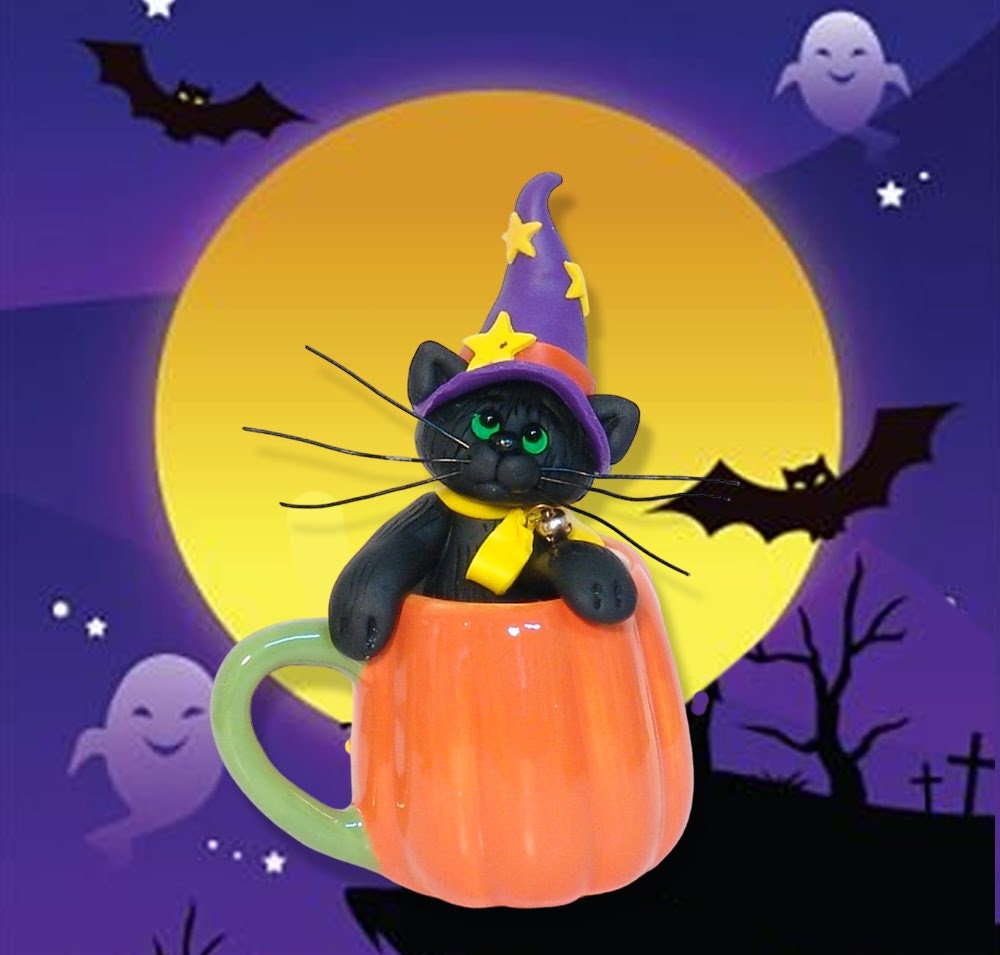 Halloween Black Cat in ceramic Pumpkin Mug HANDMADE POLYMER CLAY Halloween Figurine Decoration