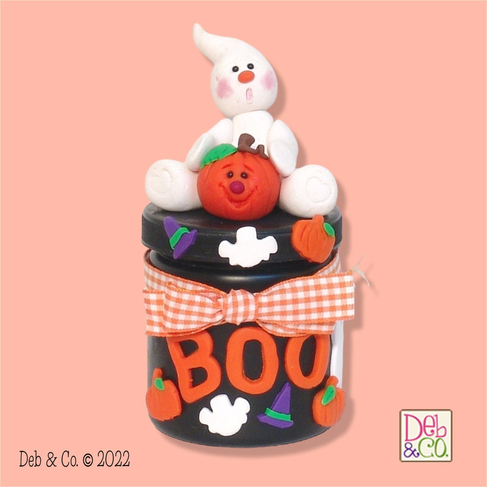 Black Candy Jar with HANDMADE Boo Ghost on Top POLYMER CLAY Halloween Decor