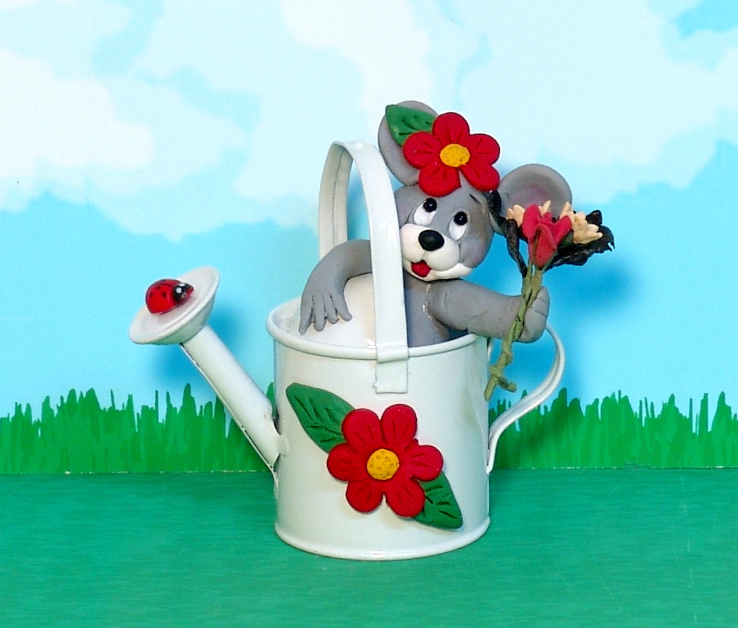 Marty Mouse in Watering Can Handmade POLYMER Clay Figurine Tiered Tray Deco