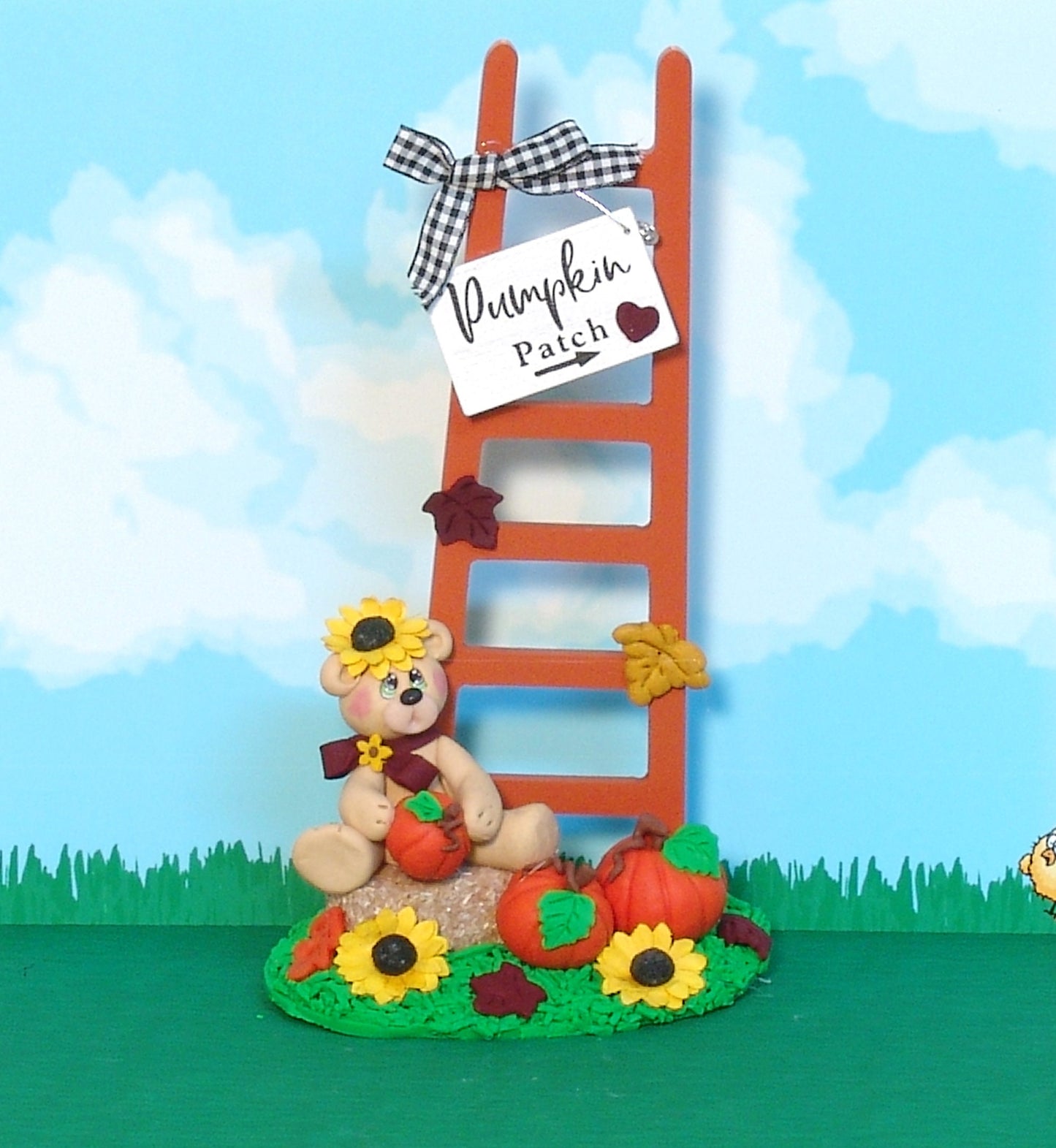 Paulie's Pumpkin Patch -Handmade Polymer Clay Collectible Bear with Wooden Ladder Figurine for Fall Decor