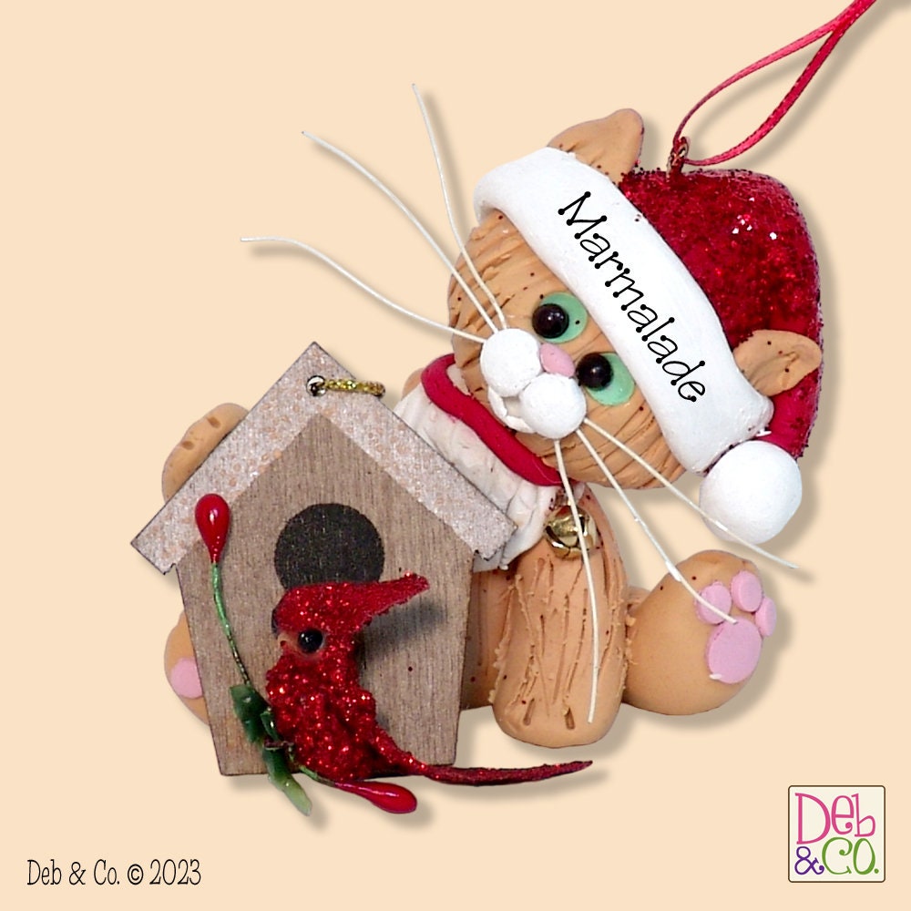 Orange  KITTY CAT with birdhouse and bird HANDMADE Polymer Clay Personalized Christmas Ornament