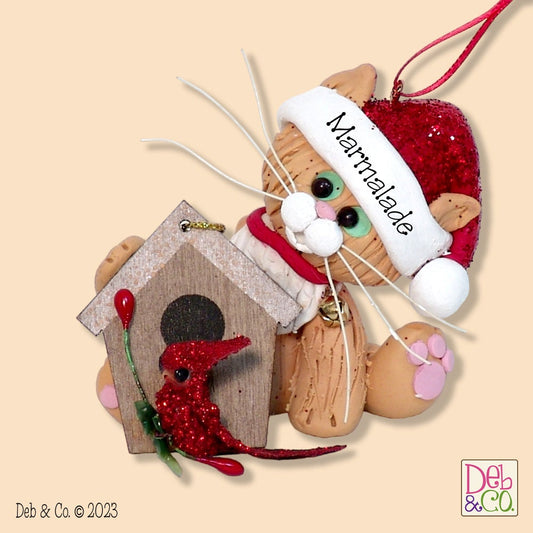 Orange  KITTY CAT with birdhouse and bird HANDMADE Polymer Clay Personalized Christmas Ornament