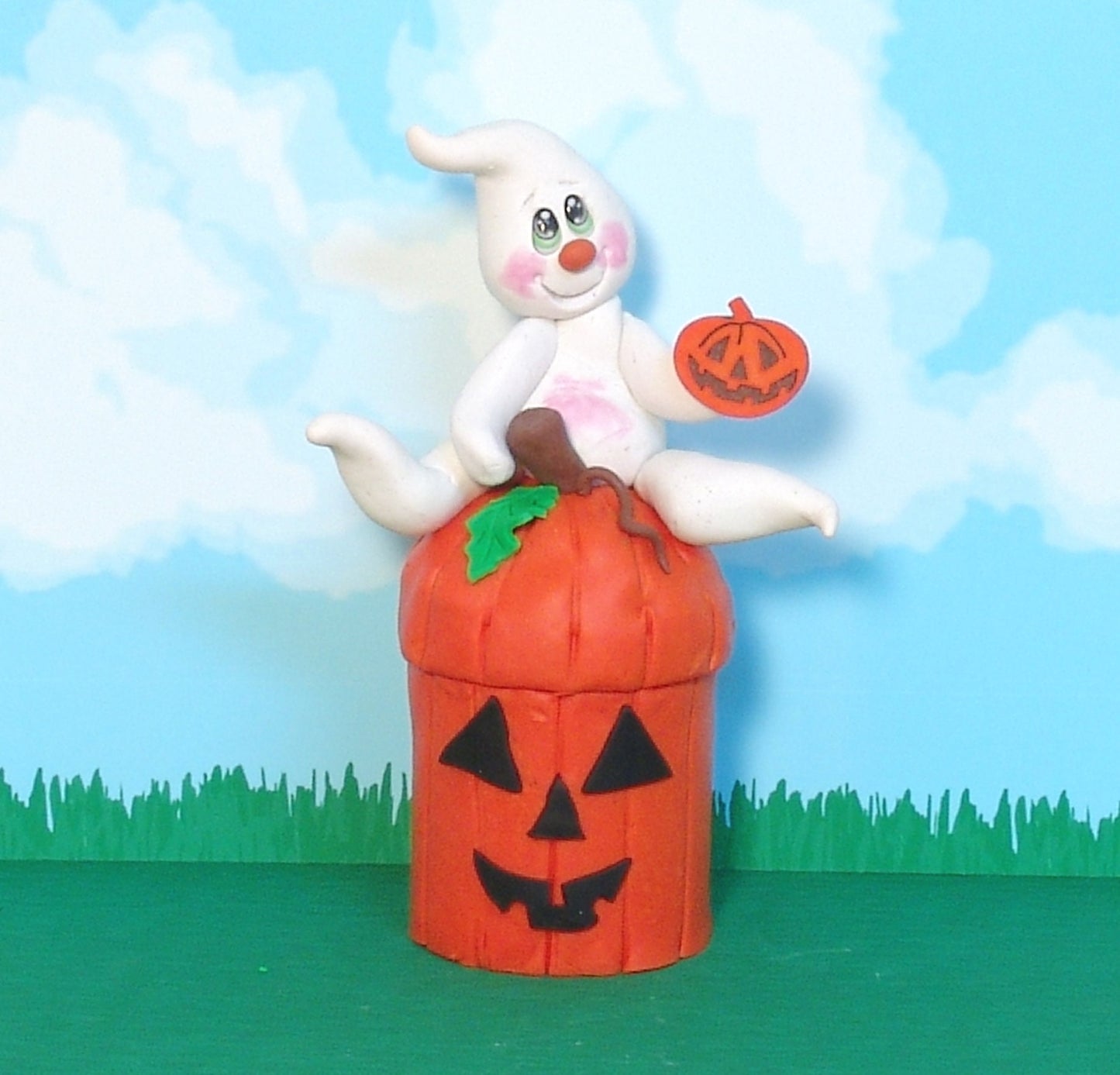 Jack-O-Lantern Jar with Boo Ghost on Top POLYMER CLAY Halloween Decor