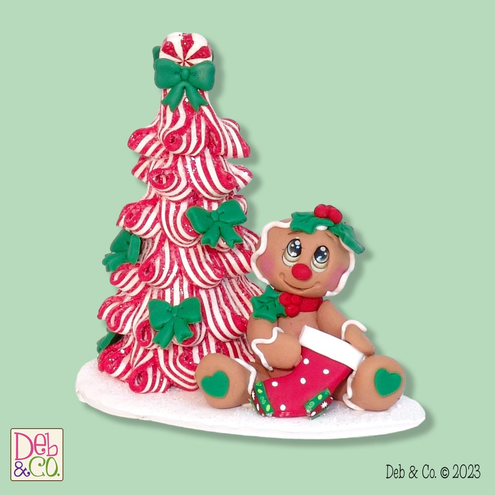 Gingerbread Clay Figure with Peppermint Christmas Tree HANDMADE POLYMER CLAY Christmas Figurine