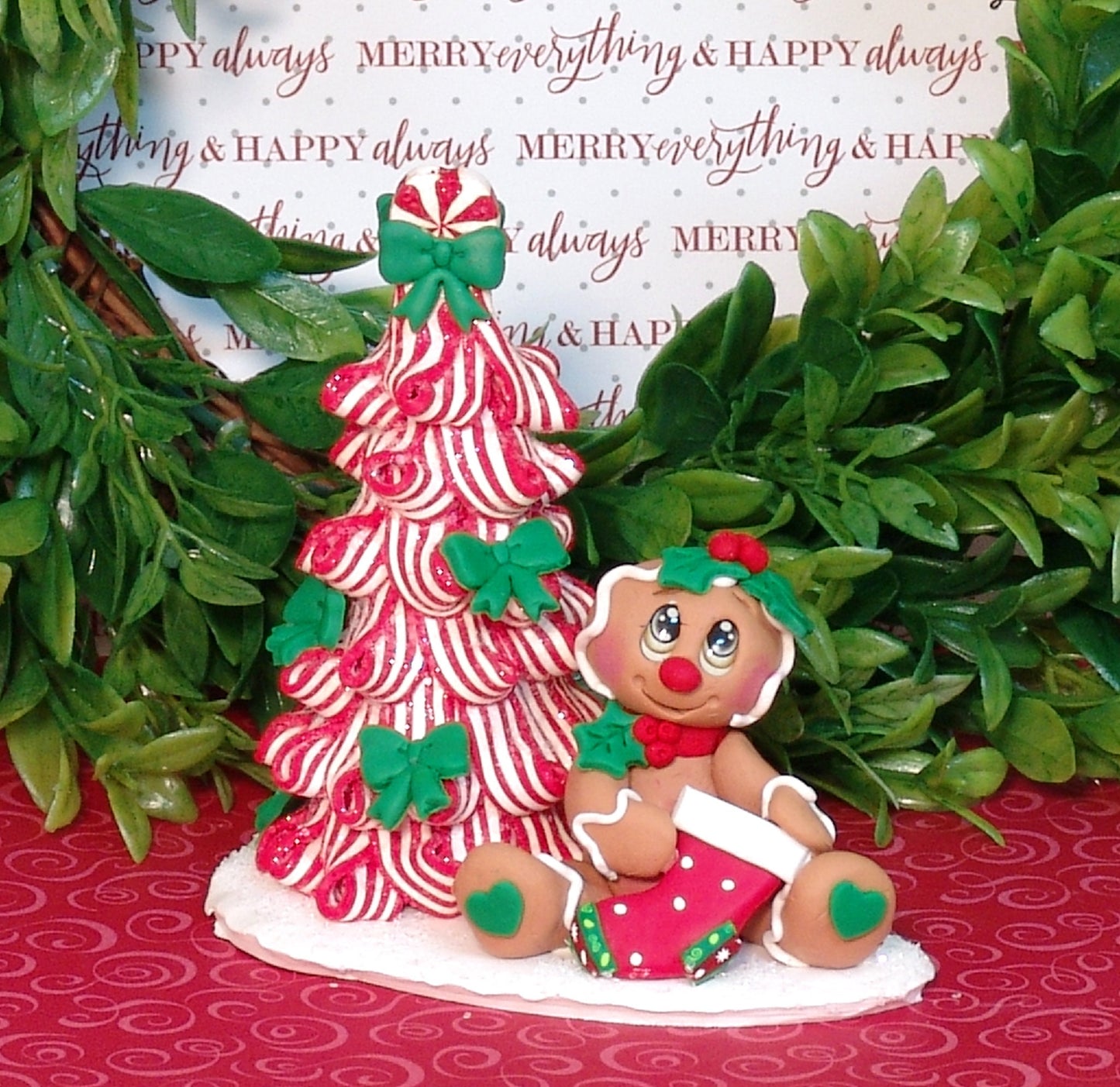 Gingerbread Clay Figure with Peppermint Christmas Tree HANDMADE POLYMER CLAY Christmas Figurine