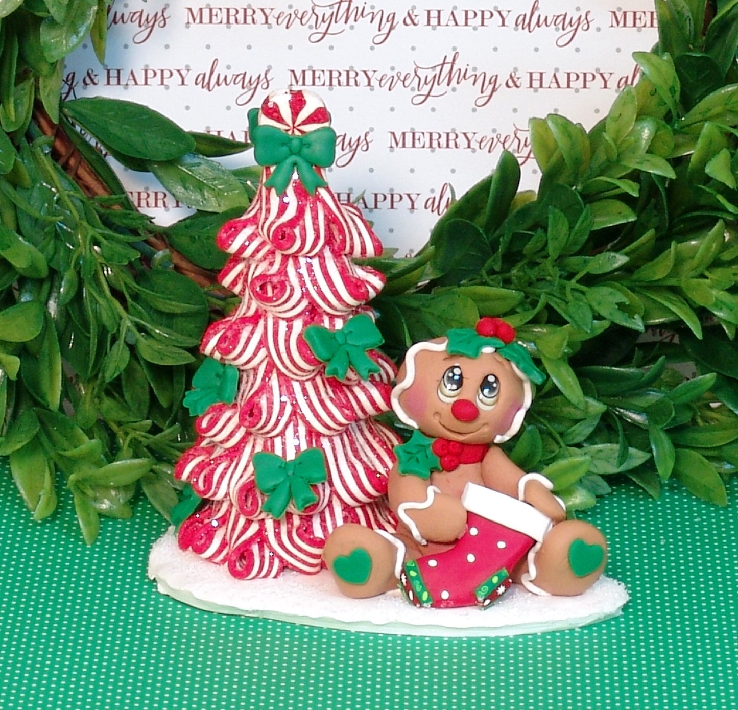 Gingerbread Clay Figure with Peppermint Christmas Tree HANDMADE POLYMER CLAY Christmas Figurine
