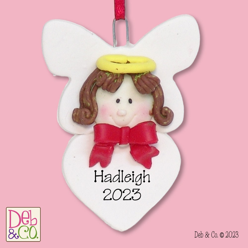 Mini Angel with Brown Hair - Handmade Polymer Clay Personalized Christmas Ornament
