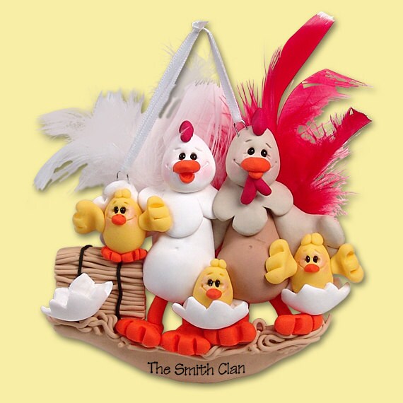 Half Baked Hens Family of 5 HANDMADE POLYMER CLAY Personalized Christmas Ornament