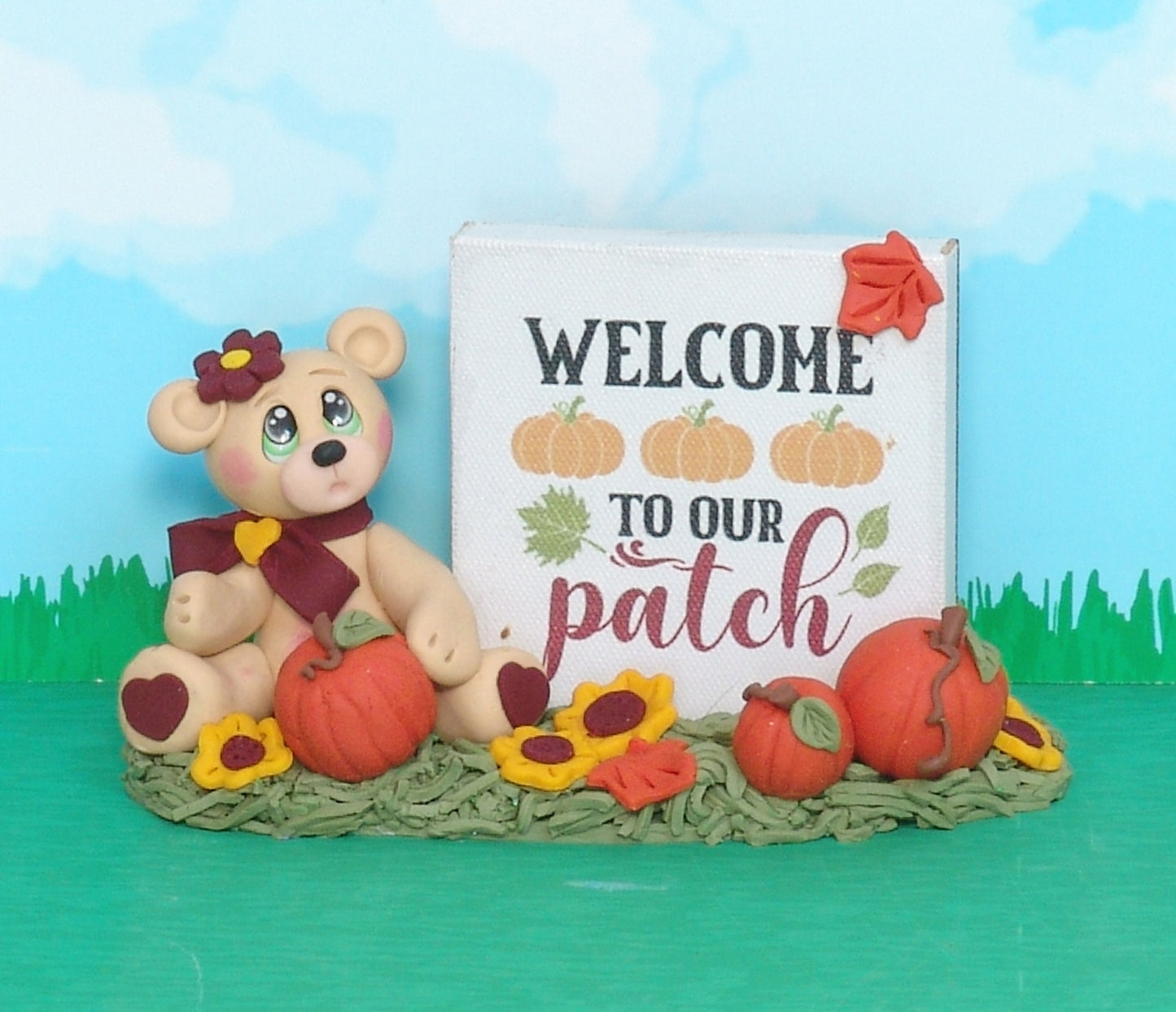 Penelope's Pumpkin Patch -Handmade Polymer Clay Collectible Bear Figurine for Fall Decor or Tiered Tray