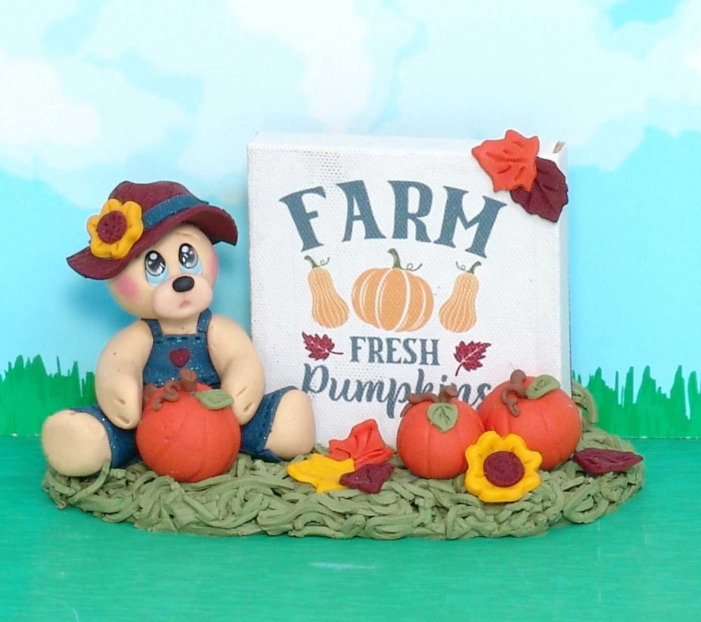 Paulie's Farm Fresh Pumpkins -Handmade Polymer Clay Collectible Bear Figurine for Fall Decor or Tiered Tray