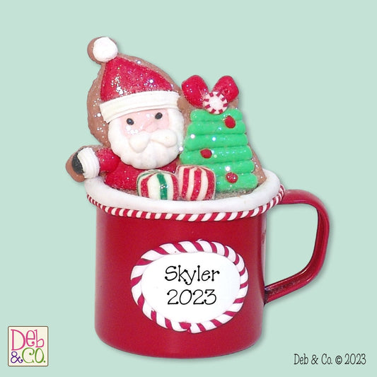 Gingerbread Santa in Personalized Tin Cup HANDMADE POLYMER CLAY Christmas Ornament