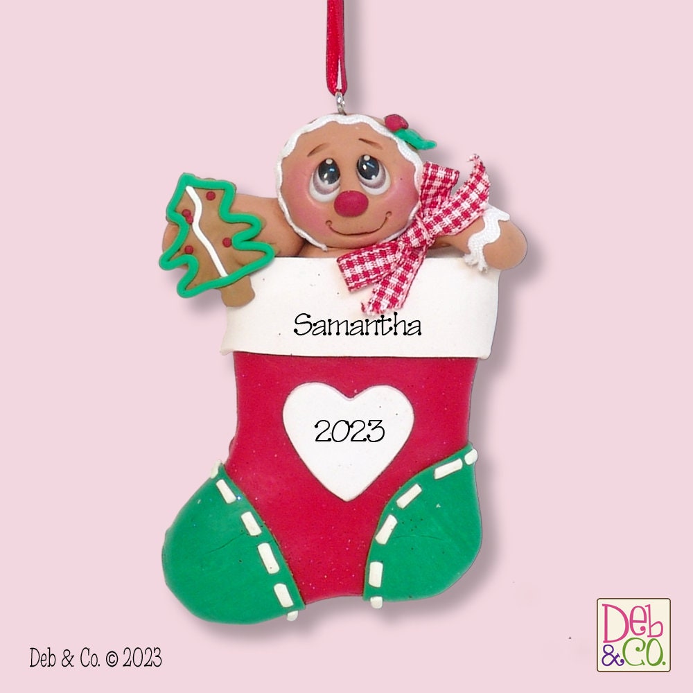 Gingerbread Kid in Stocking - Handmade Polymer Clay  Personalized Christmas Ornament