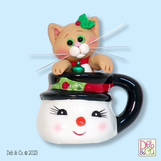 Orange Christmas Kitty Cat in Mini ceramic Snowman Mug HANDMADE POLYMER CLAY  Christmas Figurine Decoration